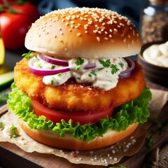 delicious burger, crispy panko-breaded fish fillet, lettuce, tomato, and red onion, topped with a generous dollop of creamy homemade tartar sauce