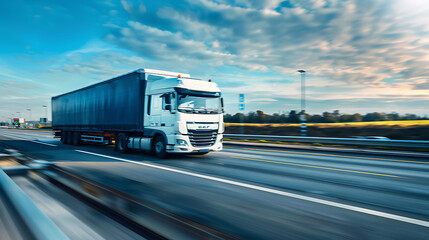 Driving Along the Highway: Truck on the Road with Blue Sky Background" - truck on highway