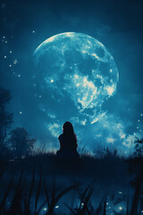 A woman is sitting in a field of grass under a large blue moon