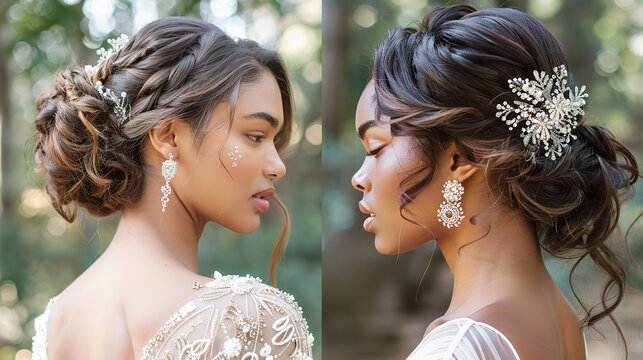 Multiple African American brides showcasing elegant wedding hairstyles during their special day