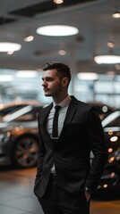 A man in a suit at a car dealership, luxury cars softly blurred in the showroom behind him. 