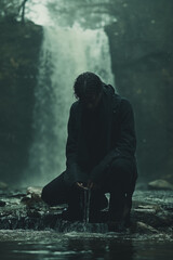 Obraz premium A man is kneeling in a stream of water