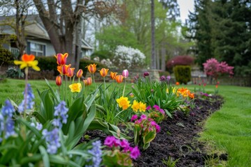 colorful spring garden in full bloom tulips daffodils and hyacinths wellmaintained lawn and flower beds landscape photography