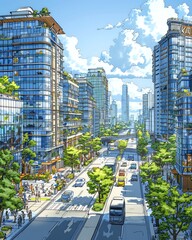 digitally rendered commercial district, featuring modern skyscrapers and bustling streets filled with people and vehicles