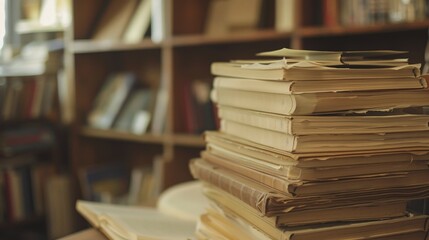 Fototapeta premium A stack of old books in a library with a blurred background.
