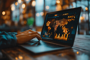 A person is typing on a laptop with a screen displaying a map of the world