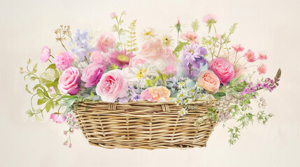 Artistic Watercolor Basket of Mixed Floral Arrangement