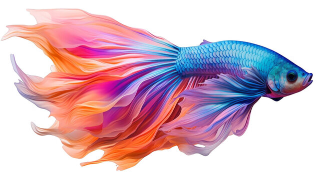 The image shows a beautiful betta fish with vibrant colors. It has a long, flowing tail and is surrounded by colorful plants.