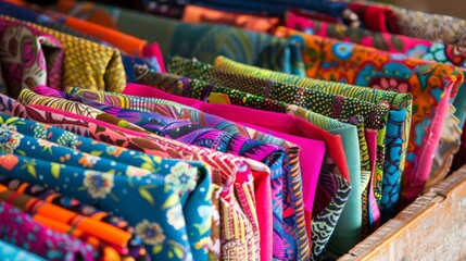 A variety of colorful fabrics are folded and stacked on a shelf.