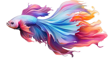 The image shows a watercolor painting of a Betta fish. The fish is blue, purple, and pink, and has a long, flowing tail. It is set against a transparent background.