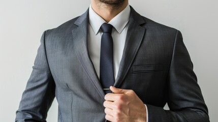 Torso of a male leader in a charcoal grey business suit, emphasizing the structured design and fabric, suitable for continuous business growth