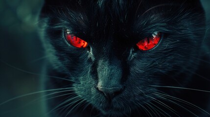 the sharp gaze of black cat with spooky red eyes