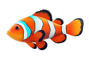 This is a cartoon clownfish. It has big eyes and a small mouth. It is orange and white with black stripes. It is swimming in the water.