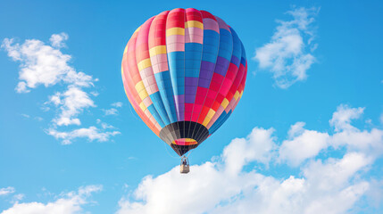 Naklejka premium Colorful hot air balloon soaring through clear blue sky with fluffy clouds offering serene and adventurous aerial journey. Brightly striped pattern enhances cheerful uplifting ambiance