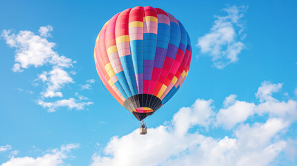 Colorful hot air balloon soaring through clear blue sky with fluffy clouds offering serene and adventurous aerial journey. Brightly striped pattern enhances cheerful uplifting ambiance
