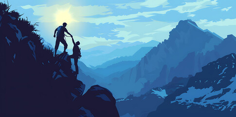 Reaching New Heights Together: Illustration of a Silhouette of Man Helping Another Person Climb to the Top