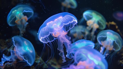 Depict a cluster of bioluminescent jellyfish, their blue and green lights shimmering in the deep black sea