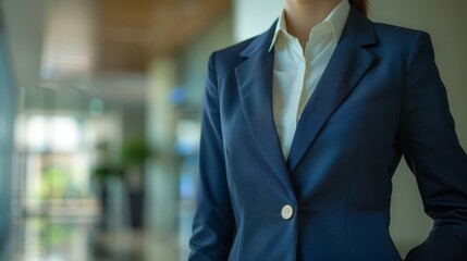 Torso of a female leader in a navy blue business suit, emphasizing her strategic role in cryptocurrency innovations and market trends