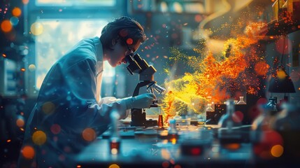 Naklejka premium Depict a critical moment in an experiment where colorful chemicals react under a microscope, observed by a focused researcher