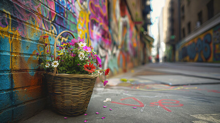 Colorful flowers in a wicker basket against an urban graffiti backdrop