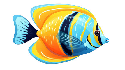 A beautiful and colorful fish swims in the ocean. The fish has a yellow tail, a blue body, and black stripes.