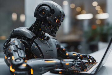 A robot is sitting at a desk and typing on a laptop