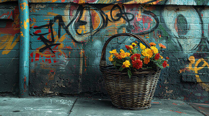 Bright floral arrangement in rustic basket on graffitied city wall