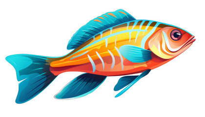 A beautiful illustration of a fish with vibrant colors. The fish has a blue and orange body. It has a long, flowing tail and big eyes.