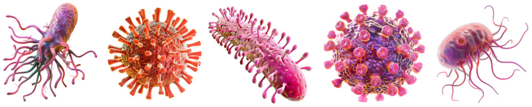 Vibrant Animated Pathogens and Viruses in Detailed Microscopic View (Borrelia, Cryptosporidium, Giardia, Hepatitis, Influenza) on transparent background