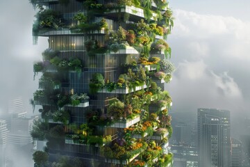 Obraz premium Green Oasis in the Sky: A visionary high-rise building is adorned with a thriving vertical garden, embodying sustainable urban design, against a cloudy sky.