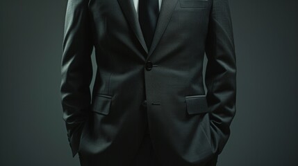 Simple yet powerful shot of a male CEOs torso in a charcoal grey suit, conveying his influence in the global economic arena