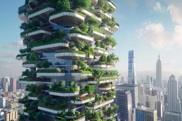 Obraz premium Green Oasis Skyscraper: An eco-friendly skyscraper, integrated with lush greenery, stands tall amidst a cityscape, blending nature and architecture harmoniously.