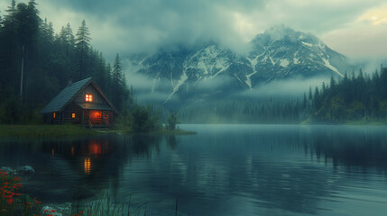 Fototapeta premium A cabin is on a lake with mountains in the background