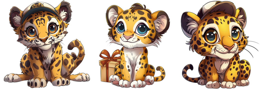 Baby leopard character set, suitable for kindergarten, preschool, animated series and children's story illustrations, on transparent background