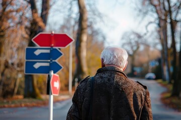 elderly person staring at road sign with multiple directions symbolizing dementia decisionmaking difficulties