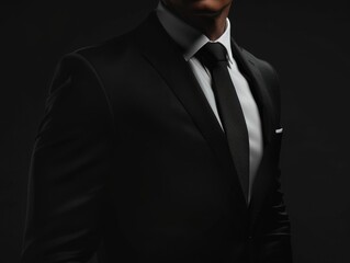 Simple yet impactful shot of a male CEOs torso in a charcoal grey suit, conveying his enduring presence in corporate decisionmaking