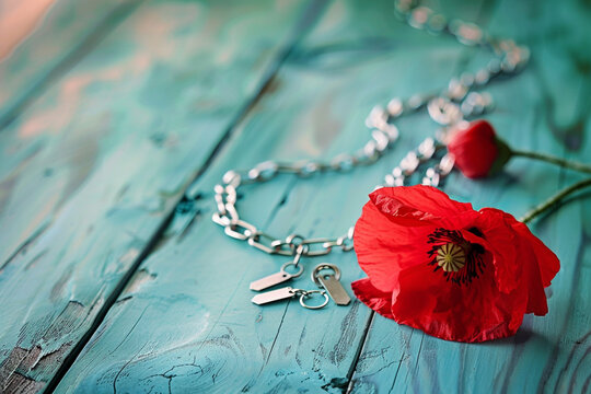 Memorial Day vintage blue table with an artful display of a red poppy and dog tags.
