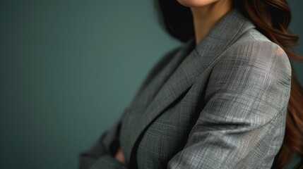 Simple yet impactful shot of a female CEOs torso in a black suit, conveying decisiveness and financial acumen