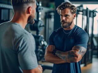 Experienced personal trainer guiding client through an intensive workout routine in a well equipped modern gym setting emphasizing the importance of