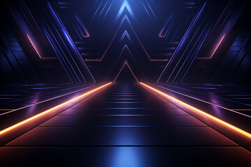 A dark background with blue and orange neon lights, futuristic geometric lines, space in the center of an abstract triangular pattern, and a perspective that appears to lead into another dimension.