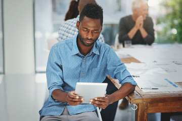 Business meeting, documents and black man with tablet in office for financial, review or investment growth check. Economy, conversation and manager with digital app for accountant, notes or goals