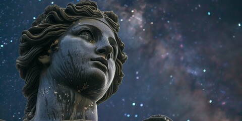 depiction of the statue of the goddess of astronomy, set against a backdrop of a starry night sky