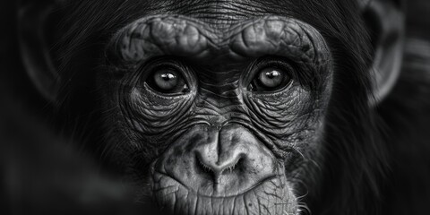 A close-up photo of a chimpanzee in black and white. Suitable for educational materials or wildlife publications