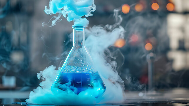 Chemical Reaction: Erlenmeyer Flask Igniting with Smoke and Vapors, Blue Liquid Inside