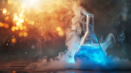 Chemical Reaction: Erlenmeyer Flask Igniting with Smoke and Vapors, Blue Liquid Inside