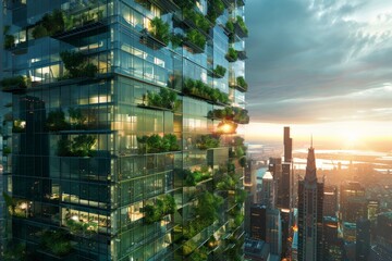 Obraz premium Eco-Friendly Skyscraper: A high-rise skyscraper seamlessly blends with nature. Greenery adorns its facade, signifying sustainable design, while the cityscape and a dramatic sky provide context. 