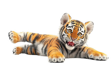 Cute baby tiger lying on the ground, looking up at the camera with a curious expression. PNG transparent background.
