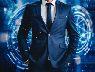 Male CEOs torso in a navy blue suit, presented against a backdrop of digital currencies and financial tech innovations, ideal for discussions on the future of finance