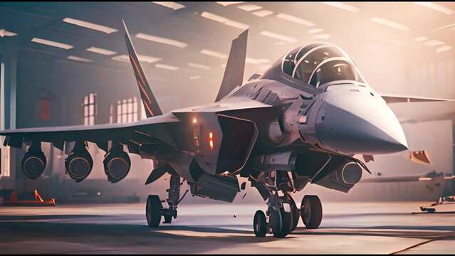 modern military fighter plane in hangar. Subtle multifunctional fighter-bomber, fifth generation.Military base, bunker, hangar. american military fighter plane jet F-22 raptor.