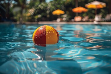 Vibrant beach ball floating on the tranquil water of a pool with a sunny background